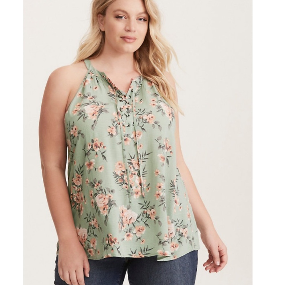 Torrid 3 (3XL) Floral Lace-Up Tank Top Boho Flowy Sleeveless Blouse Green Pink